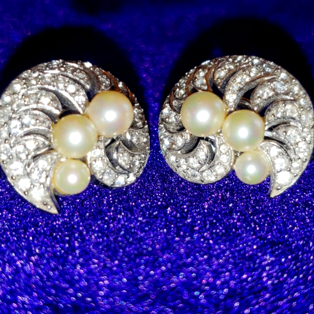 Crown Trifari Faux Pearl and Diamond Earrings.